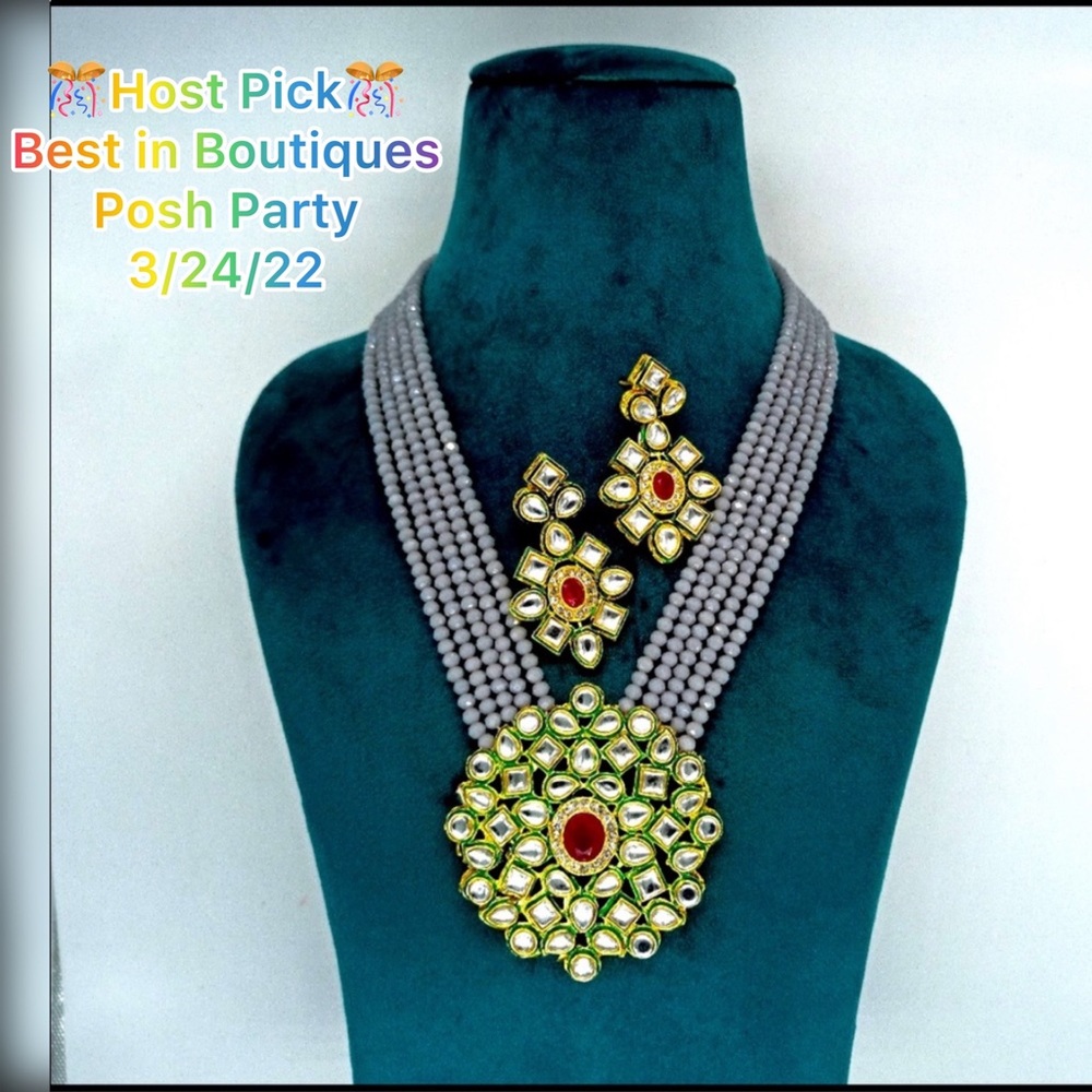 Long Polki Necklace - Pakistani Jewelry - Kundan Necklace Set w/Earrings